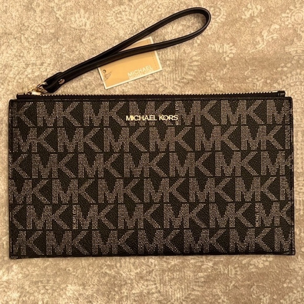 Brand New Michael Kors Large Zippered Clutch Wristlet Black & Gold Jet Set - Picture 15 of 15